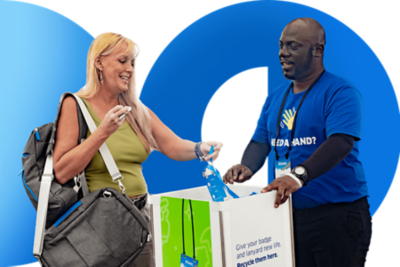 Attendee recycling their Workday Rising badge and lanyard.