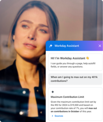 Workday Assistant screenshot layered over an image of a woman looking to the left. 