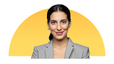 Woman with sunrise shape behind her.