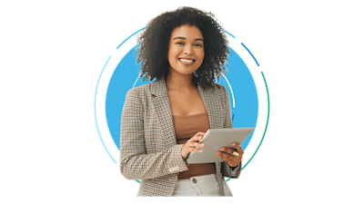 Woman smiling and holding a tablet.