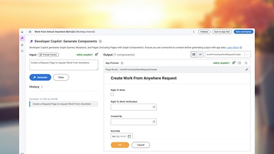 Screenshot showing Workday Extend Work from Almost Anywhere developer co-pilot screen, with AI-enabled component building blocks.