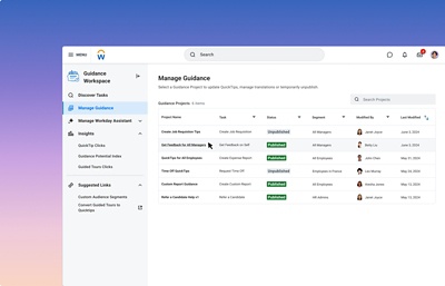 Screenshot of Workday Guidance Quick manager. 