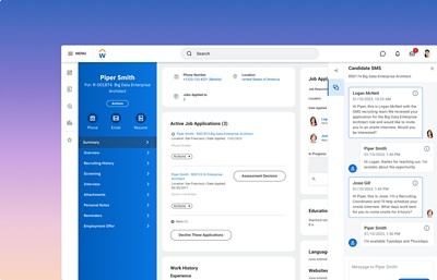 Screenshot of Workday messaging chat window overlaid on top of a job candidate profile open in Workday.