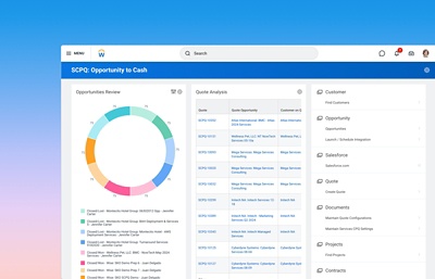 Workday Services CPQ (Configure, Price, Quote) dashboard showing data tables for Opportunities Review and Quote Analysis.