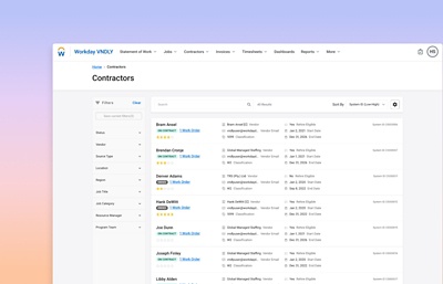 Screenshot of the Workday VNDLY Worker Profile Management interface displaying contractor information in an organised and filterable list.