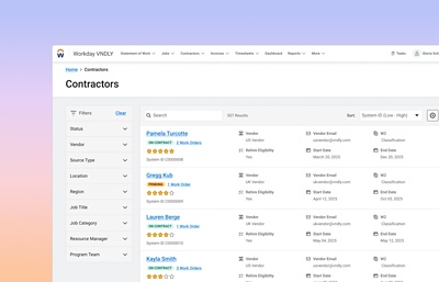 Screenshot of the Workday VNDLY Worker Profile Management interface displaying contractor information in an organized and filterable list.
