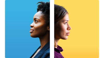 Closing the AI trust gap text with two side portraits of people with optimistic expression facing opposite directions