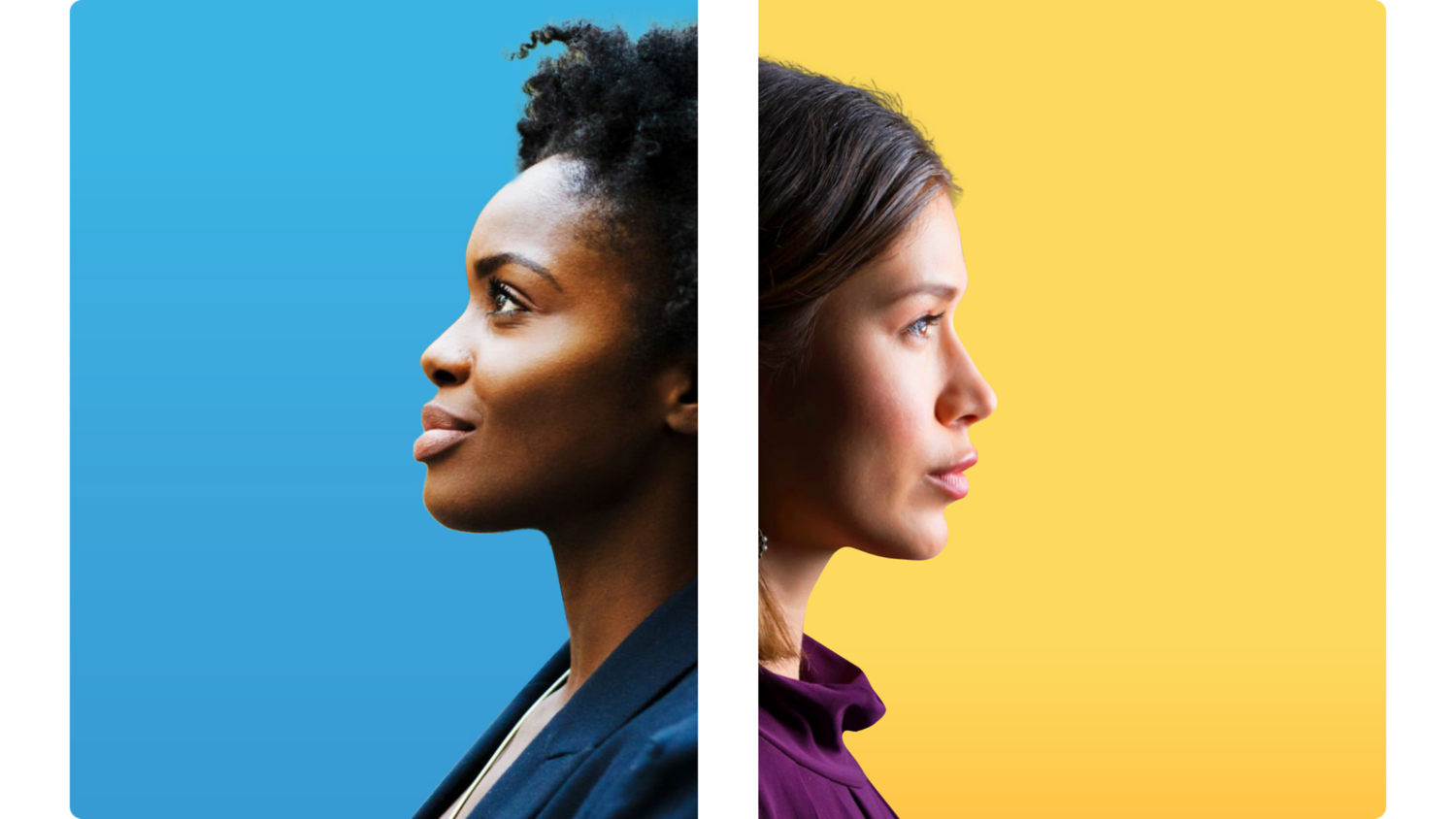 Closing the AI trust gap text with two side portraits of people with optimistic expression facing opposite directions