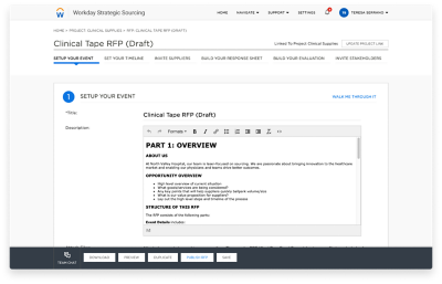 Workday Strategic Sourcing clinical supplies example RFP for the healthcare industry.