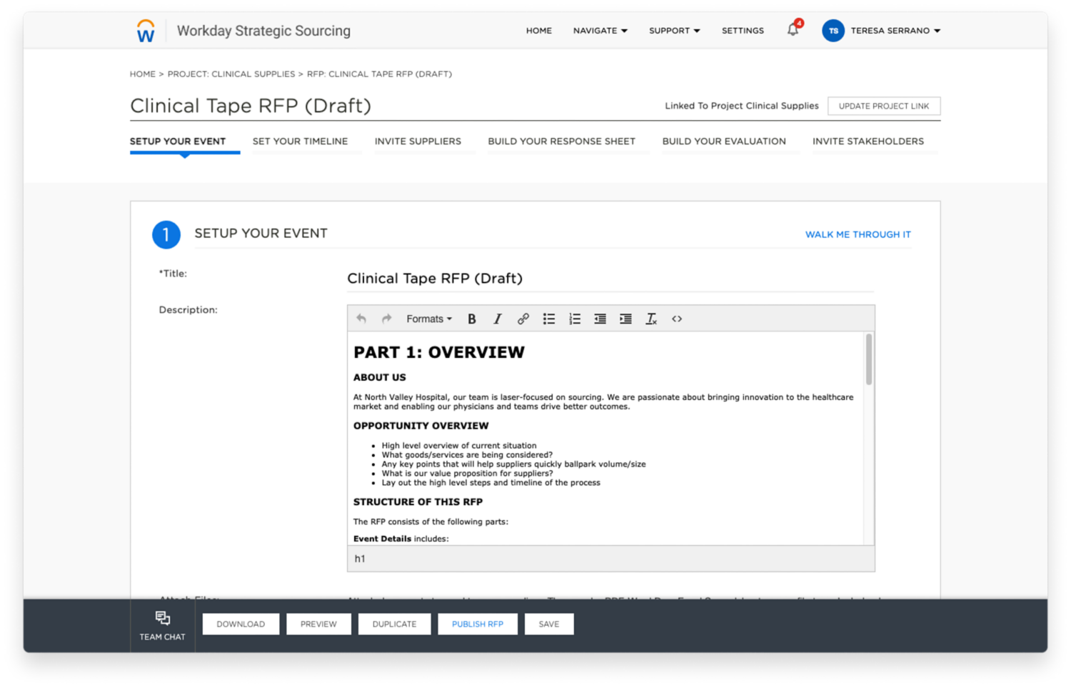 Exemple d'appel d'offres pour des fournitures cliniques dans Workday Strategic Sourcing pour le secteur de la santé