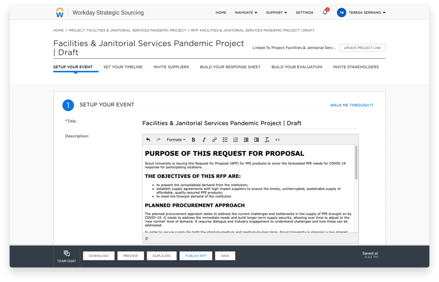 Exemple d’appel d’offres visant les installations et les services de conciergerie en cas de pandémie dans Workday Strategic Sourcing pour le secteur de l’enseignement supérieur.