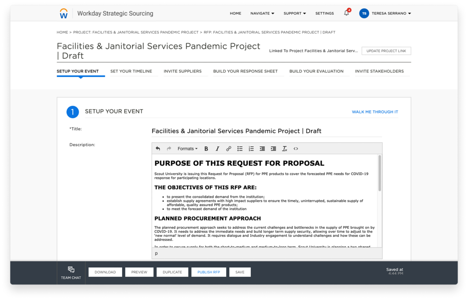 Workday Strategic Sourcing facilities and janitorial services pandemic project example RFP for the higher education industry.