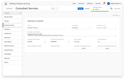 Workday Strategic Sourcing contract summary report for professional services industry. 