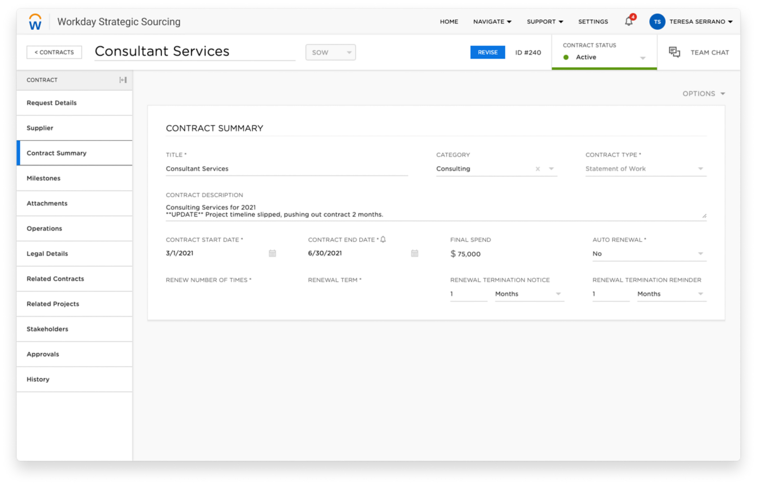 Workday Strategic Sourcing contract summary report for professional services industry. 