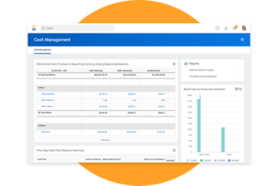 Liquiditätsmanagement-Dashboard mit Liquidität zum Monatsende, vortägigen Liquiditätssalden, Aufgaben, Berichten und Bankgebühren