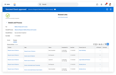 Dashboard showing absence request approved, complete with details and processes.