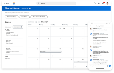 Absence calendar on desktop and mobile phone showing Workday Assistant chatting about time off balance.