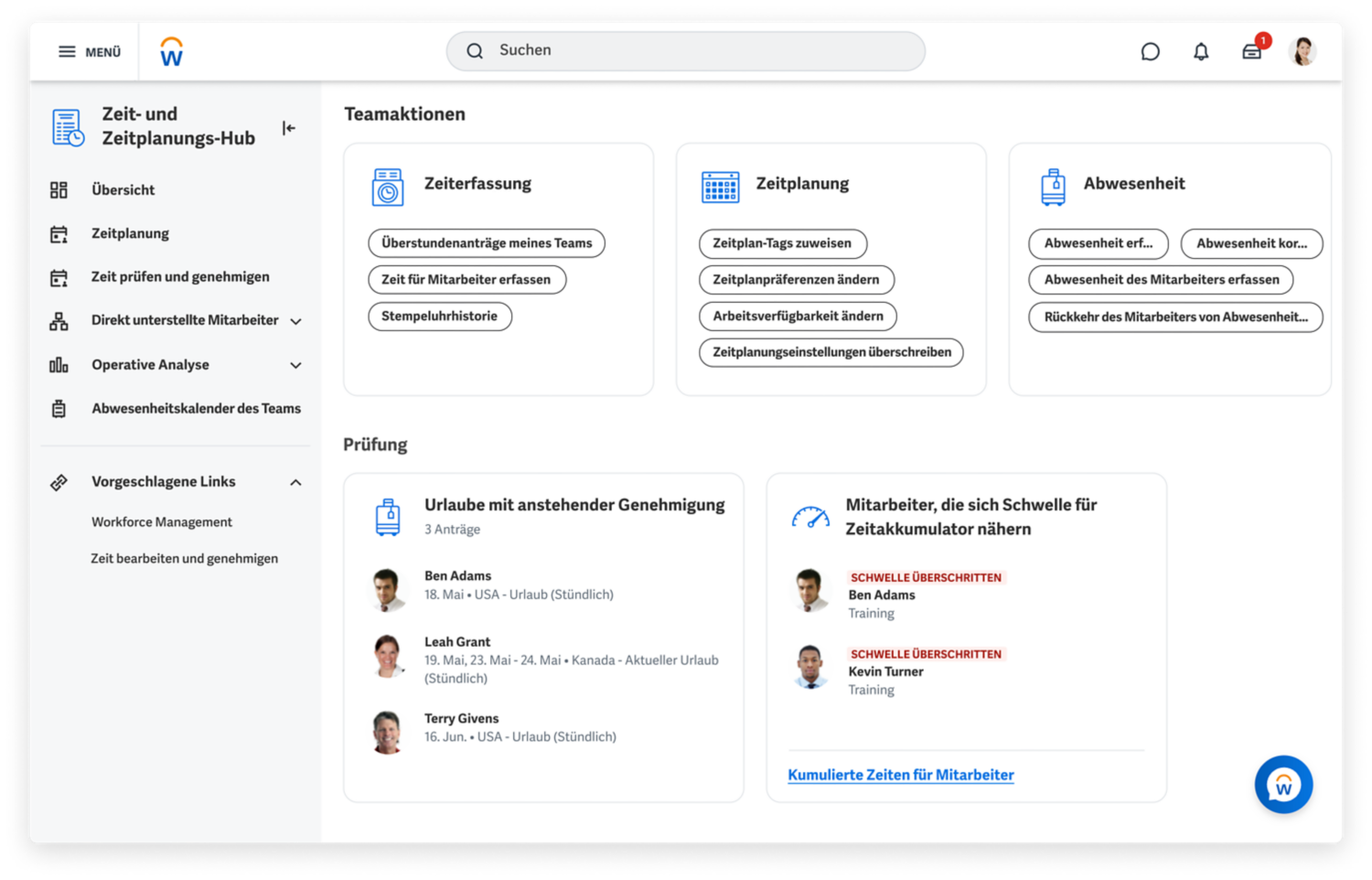 Dashboard für Zeit und Abwesenheit mit Urlaubssalden und Zeitanalysen