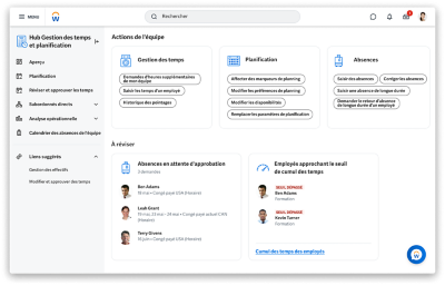 Tableau de bord Présences et absences avec solde des absences et analyse des temps.