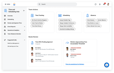 Time and absence dashboard showing time off balances and time analysis.