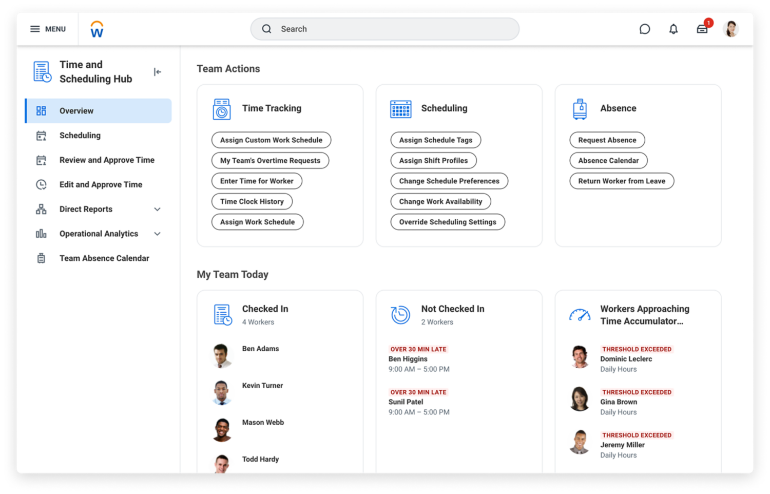 Time and absence dashboard showing time off balances and time analysis.