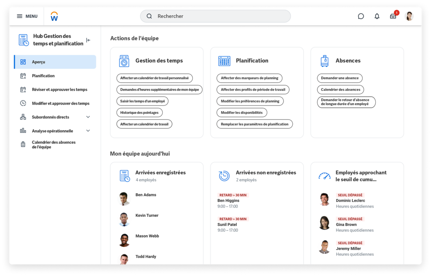 Tableau de bord Présences et absences avec solde des absences et analyse des temps.