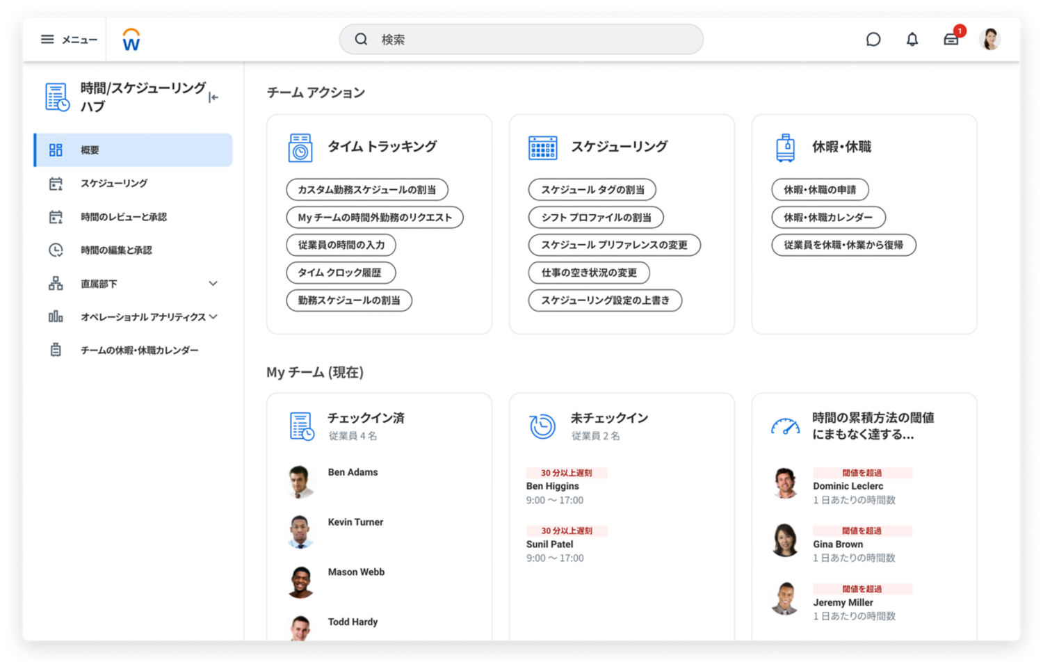 休暇残数および時間分析を表示している勤務時間および休暇・休職ダッシュボード。