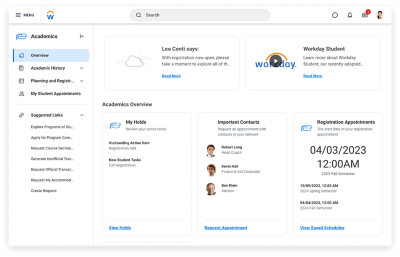 Desktop view of the Academics Hub displaying holds, important contacts, and registration appointments.