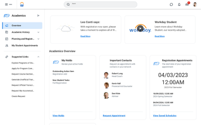 Desktop view of the Academics Hub displaying holds, important contacts, and registration appointments.