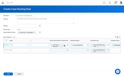 Screenshot showing function of creating a case routing rule, with adjustable security permissions.
