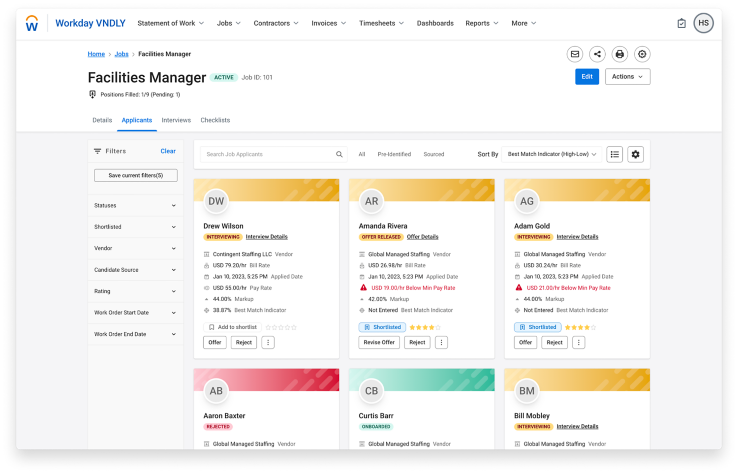 Het Workday VNDLY-dashboard met sollicitanten laat meteen zien welke sollicitanten het beste aan uw vereisten voldoen op basis van ervaring en andere criteria.