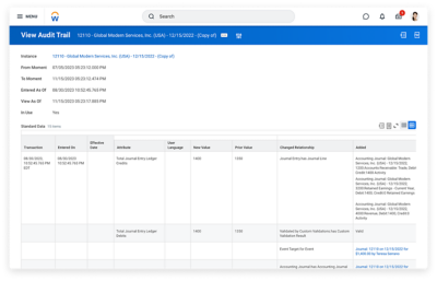 Audittrail van operationele journaalposten in managementsoftware voor interne controles.