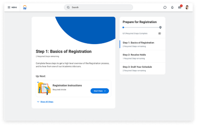 Desktop view of the Student Journey for registration displaying a step-by-step process from start to finish.
