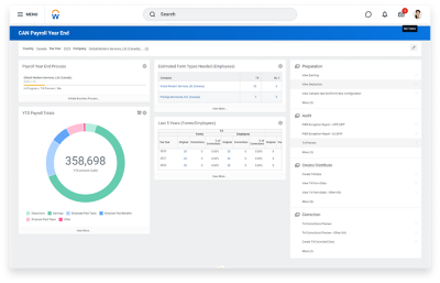 Payroll compliance update dashboard for Canada showing updates delivered last week and the number of employees impacted by updates next month.