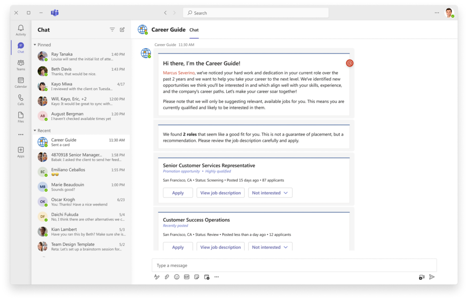 Une capture d'cran du guide de carrire montrant comment les collaborateurs peuvent facilement trouver de nouveaux postes en interne gr?ce  des opportunits d'emploi personnalises.