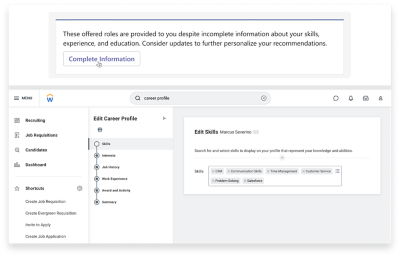 A screenshot of an employee’s career profile where you can update skills, experience and education to further personalise job recommendations.