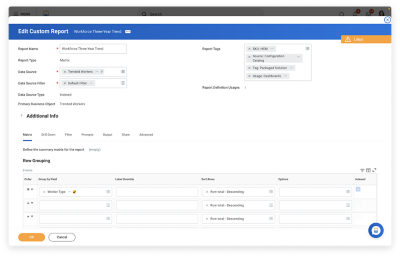 Core Reporting and Analytics montrant la fonction de rapport personnalisé de Report Writer