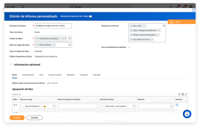 Informes y analytics fundamentales mostrando la función personalizada Report Writer