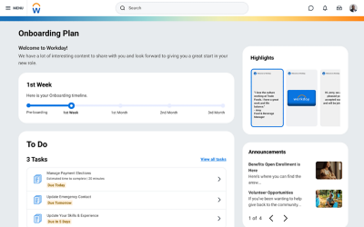 Screenshot from Workday's Onboarding Plan showing new employees to do list, timeline, announcements and highlights.