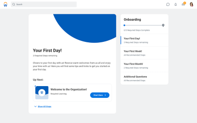 Screenshot of an employee’s onboarding welcome page and required steps to complete for their first day, week, and month. 