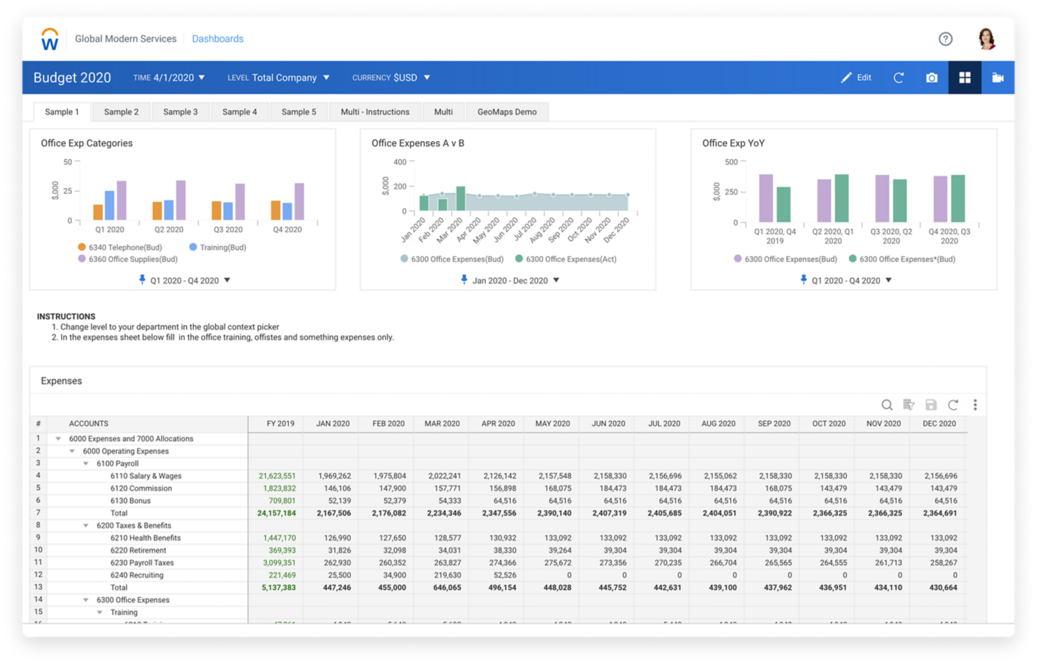 Budget dashboard showing sample budget and a table for expenses.