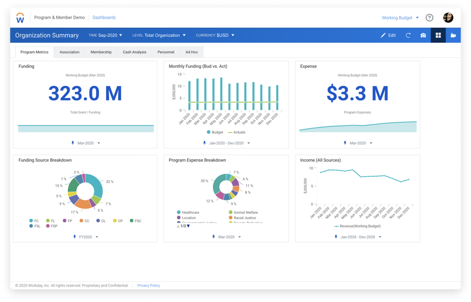 Workday Enterprise Planning Nonprofit Organization Program metrics dashboard.