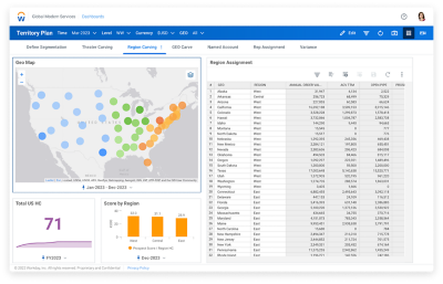 Workday Adaptive Planning Sales Territory dashboard where you can improve the territory planning process by automating assignments through geographic, industry, and segment-based rules, while retaining flexibility to directly assign accounts to territories.