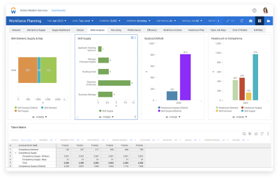 'Workforce Planning' dashboard met staafdiagrammen om vaardigheden te analyseren.