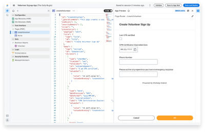Screenshot van App Builder, een visuele drag-and-drop-tool om prototypen te maken en nieuwe Workday Extend-apps te ontwikkelen. 