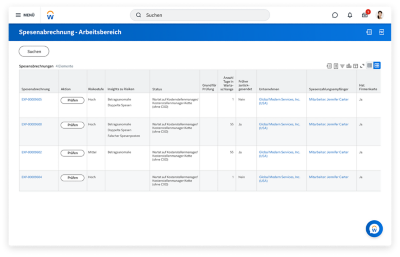 Desktop-Bildschirm mit dem Arbeitsbereich „Spesenabrechnung“ und Risiko-Score