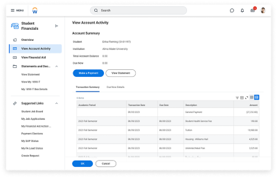 Desktop view of the Student Financial Hub showing a student’s account balance which includes tuition, housing fees, payments, and other expenses.