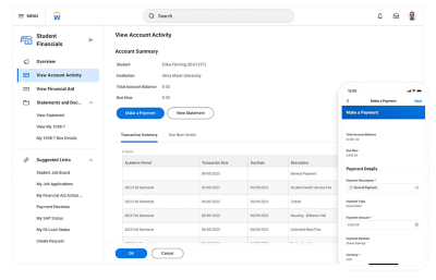 Desktop view of the Student Financial Hub showing a student’s account balance which includes tuition, housing fees, payments, and other expenses, and mobile view of the ‘make a payment’ feature on Student Financial Hub.
