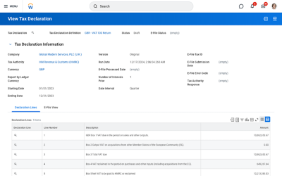 Screenshot of Financial management dashboard showing tax declaration form information.