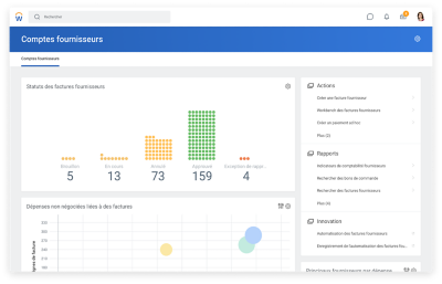 Tableau de bord des comptes fournisseurs avec un graphique représentant le statut des factures fournisseurs.